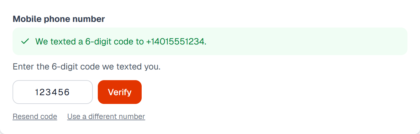 The verification step of the opt-in: a green confirmation that a 6-digit code was texted to the operator's mobile number, with a field to enter the code and a Verify button.